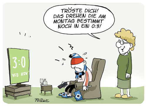 Cartoon: HSV VFB Relegation II (medium) by FEICKE tagged hamburg,bundesliga,zwei,vfb,stuttgart,verein,hsv,sportverein,fussball,fußball,dfl,dfb,aufstieg,relegation,hamburg,bundesliga,zwei,vfb,stuttgart,verein,hsv,sportverein,fussball,fußball,dfl,dfb,aufstieg,relegation