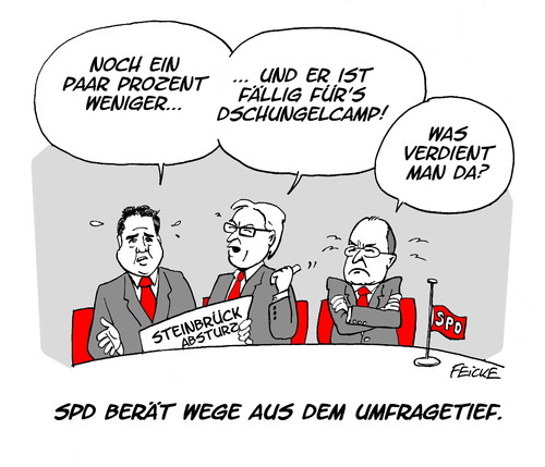 Cartoon: Peer ins Dschungelcamp (medium) by FEICKE tagged honorare,rede,gehalt,kanzlerkandidat,verdienen,idee,parteien,prognose,werte,absturz,dschungelcamp,wahlen,demoskopie,umfragetief,vorstand,gabriel,steinmeier,steinbrück,umfrage,spd,sozialdemokraten,sozialdemokraten,spd,umfrage,steinbrück,steinmeier,gabriel,vorstand,umfragetief,demoskopie,wahlen,dschungelcamp,absturz,werte,prognose,parteien,idee,verdienen,kanzlerkandidat,gehalt,rede,honorare