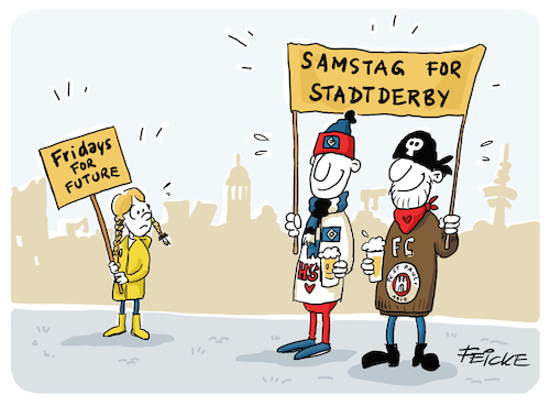 Cartoon: Samstag for Stadtderby (medium) by FEICKE tagged hamburg,greta,fridays,for,future,umwelt,klima,fussball,liga,hsv,hamburger,sportverein,fc,st,pauli,derby,stadt,hamburg,greta,fridays,for,future,umwelt,klima,fussball,liga,hsv,hamburger,sportverein,fc,st,pauli,derby,stadt