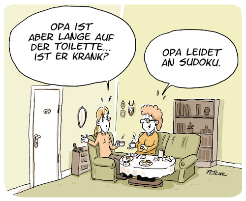 Cartoon: Sudoku (medium) by FEICKE tagged hobby,rentner,alter,sudoku,rätsel,quiz,denksport,oma,opa,wc,hobby,rentner,alter,sudoku,rätsel,quiz,denksport,oma,opa,wc