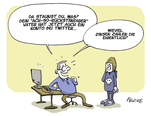 Cartoon: Twitter account (medium) by FEICKE tagged vater,sohn,familie,kind,medien,computer,pc,social,media,twitter,facebook,generation,konflikt,zinsen,bank,sparen,kredit,dispo,zins,feicke,vater,sohn,familie,kind,medien,computer,pc,social,media,twitter,facebook,generation,konflikt,zinsen,bank,sparen,kredit,dispo,zins,feicke