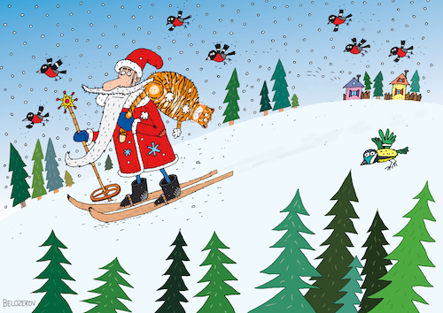 Cartoon: Jahr des Tigers (medium) by Sergei Belozerov tagged tiger,neujahr,weihnachten,christmas,sternzeichen,horoskop,fest,feierzeit,schi,santa,weihnachtsmann