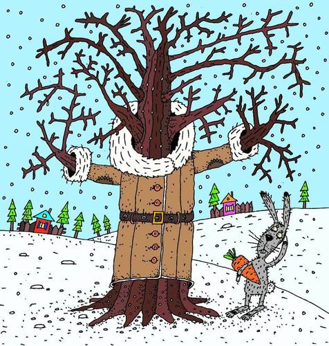 Cartoon: oak is ok (medium) by Sergei Belozerov tagged tree,oak,coat,winter,hare
