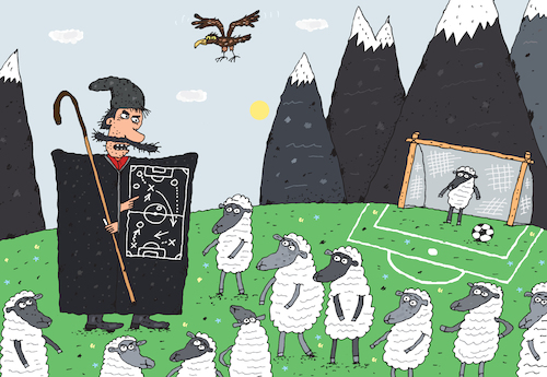 Cartoon: Team (medium) by Sergei Belozerov tagged schäfer,hirt,shepherd,herder,schaf,sheep,ram,russia,russland,weltmeisterschat,football,fußball,soccer,berg,trainer,team,mannschaft,tactic