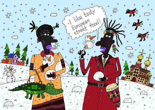 Cartoon: tourists (medium) by Sergei Belozerov tagged gimpel,essen,schnee,afrikaner,african,tourist,carrot,fast,food,street,schneemann,snowman