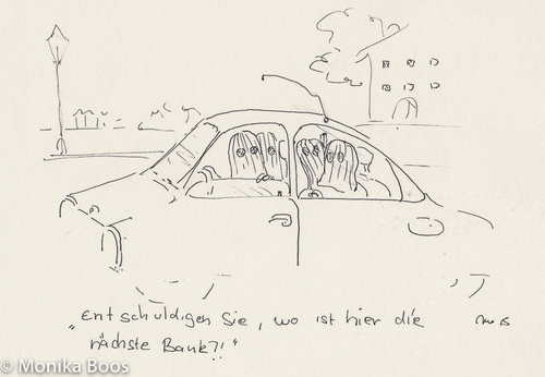 Cartoon: wo ist die nächste Bank? (medium) by monika boos tagged bank,bankräuber,weg,fragen