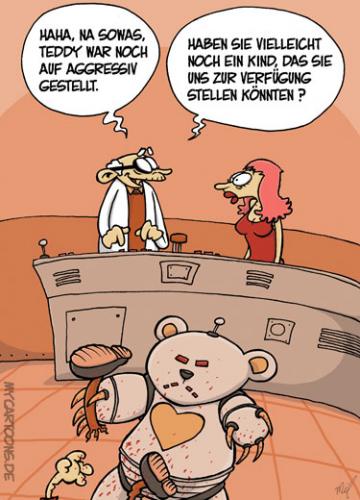 Cartoon: Das Teddy Experiment (medium) by mil tagged teddy,roboter,robobär,experiment,test,fehler,kind,wissenschaftler,opfer,mutter