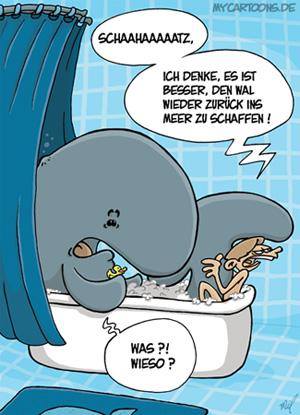 Cartoon: Walfühlbad (medium) by mil tagged wal,bad,badezimmer,mann,domestizierung,wohlfühlen,free,willy,problem,tier,mil