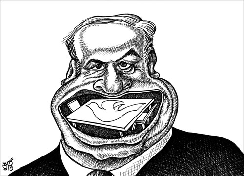 Cartoon: bibi netanyahu (medium) by samir alramahi tagged israel,ramahi,arab,dove,peace,palestine,politics,bibi,netanyahu,portrait