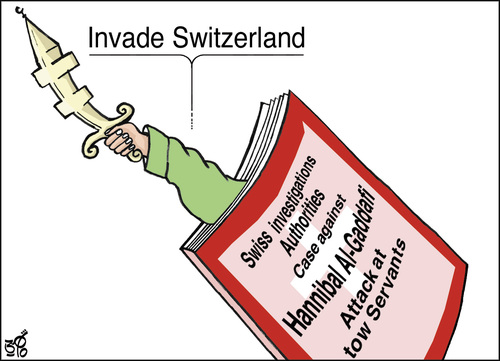 Cartoon: Invading Switzerland (medium) by samir alramahi tagged arab,libia,qaddafi,politics,invading,switzerland