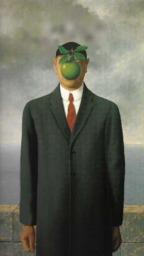 Cartoon: Der Menschensohn ohne Hut (medium) by Erwin Pischel tagged magritte,belgien,surrealismus,kunst,maler,gemälde,künstler,kunstrichtung,kunstgattung,kreativität,fantasie,mann,apfel,gesicht,krawatte,anzug,hut,blatt,mauer,pischel