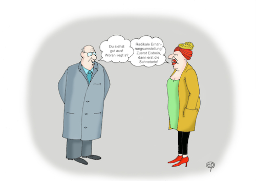 Cartoon: Ernährungsumstellung (medium) by Erwin Pischel tagged ernährungsumstellung,ernährung,nutrition,essen,essensplan,ernährungsplan,stoffwechsel,stoffwechseltyp,nährstoffe,mikronährstoffe,gesundheit,gesund,ungesund,körper,körpergewicht,gewichtszunahme,diät,aussehen,outfit,schlank,schlankheit,dick,dicksein,wohlbefinden,konsum,lebensmittel,verdauung,eisbein,haxe,hachse,haxn,hämchen,haspel,bötel,knöchla,stelze,wädli,fleischgericht,schwein,fett,kohlenhydrat,eiweiß,protein,vegan,kuchen,sahnetorte,sahne,torte,süßigkeit,kommunikation,frage,höflichkeit,pischel
