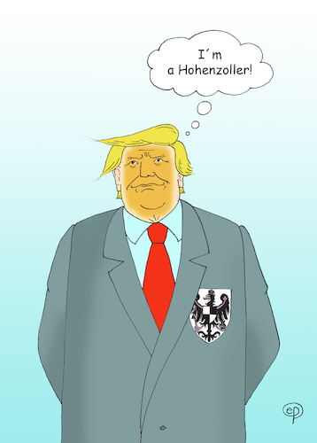 Cartoon: I am a Hohenzoller! (medium) by Erwin Pischel tagged trump,usa,us,präsident,zoll,zöllner,zollamt,steuer,tariff,weltwirtschaft,rezession,dekret,wirtschaft,aktienkurs,aktienmarkt,talfahrt,krise,wirtschaftskrise,inflation,konkurrenz,verteuerung,politik,wirtschaftspolitik,handel,handelspolitik,politiker,amerika,republikaner,demokraten,zollpolitik,steuerpolitik,wahlversprechen,macht,willkür,rücksichtslosigkeit,dummheit,hohenzoller,hohenzollern,dynastie,geschichte,burg,wappen,krawatte,größenwahn,egoismus,lügner,egoist,pischel