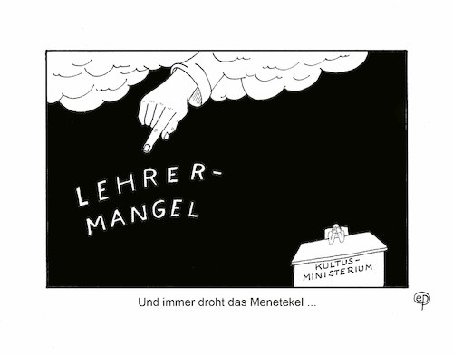 Cartoon: Lehrermangel-Menetekel (medium) by Erwin Pischel tagged lehrermangel,lehrer,lehrerin,menetekel,mene,tekel,uparsin,kultusminister,kultusministerium,hand,fingerzeig,finger,wolke,schweinezyklus,mangel,pischel,schule,pädagogik,unterricht,lehrerdeputat,lehrerstellen