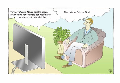 Cartoon: Neuer als falsche Eins (medium) by Erwin Pischel tagged manuel,neuer,joachim,löw,fußball,fußballweltmeister,weltmeister,fifaweltmeisterschaft,brasilien,fifa,torwart,tor,libero,verteidiger,innenverteidiger,held,fussballspieler,pischel