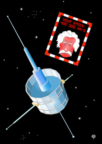 Cartoon: Non-Einstein-Speed (medium) by Erwin Pischel tagged einstein,raumfahrt,sonde,physik,relativitaetstheorie,geschwindigkeit,warnschild,weltall,all,rakete,mission,pischel