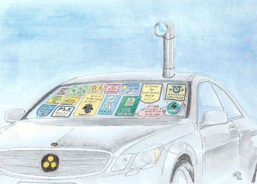 Cartoon: Periskop-Auto - Pickerl-Wahnsinn (medium) by Erwin Pischel tagged auto,frontscheibe,pickerl,aufkleber,vignette,periskop,pischel