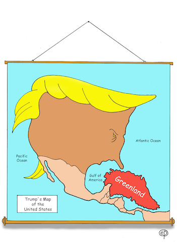 Cartoon: Trumps Map of the United States (medium) by Erwin Pischel tagged trump,golf,gulf,america,atlantischer,ozean,pazifischer,pazific,atlantic,ocean,nordamerika,mittelamerika,greenland,grönland,dänemark,denmark,usa,us,staatsgrenze,machtanspruch,willkür,räsident,president,okkupation,besetzung,gebiet,staatsgebiet,staatshoheitsgebiet,machthaber,demokratie,diktatur,militär,insel,invasion,politik,politiker,völkerrecht,territorium,anspruch,eroberung,konflikt,annexion,besatzungsgebiet,besatzungszone,unabhängigkeit,freiheit,staat,inbesitznahme,kolonialisierung,imperialismus,expansion,staatsvertrag,raub,vertragsbruch,völkerverständigung,krieg,auseinandersetzung,friedensgefährdung,diebstahl,landkarte,map,länder,atlas,pischel