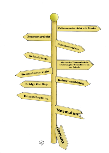 Cartoon: Wegverwirrweiser (medium) by Erwin Pischel tagged corona,pandemie,epidemie,covid,sars,virus,viren,schule,schulschließung,digitalisierung,fernunterricht,schnelltest,wechselunterricht,digitalunterricht,normalunterricht,formular,homeschooling,präsenzunterricht,maske,mundnasenmaske,bridge,the,gap,kohortenbildung,wegweiser,pfeil,hinweisschild,unterricht,verwirrung,informationstafel,information,bruch,zerbrochen,lockdown,shutdown,impfung,impfen,impfstoff,pischel