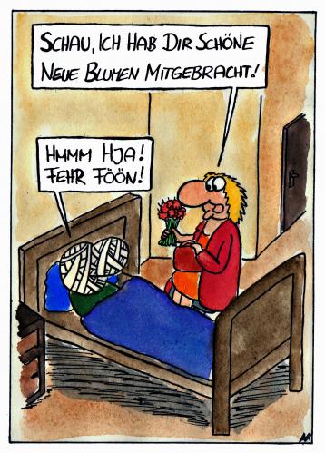 Cartoon: Blumen mitgebracht (medium) by spass-beiseite tagged blumen,krankenhaus,verband,arzt,verküfer,frau,mann,verletzung,blümchen,beiseite,spass,unterhaltung,panel,fun,illustration,design,pointe,kunst,comicstrips,comictagebuch,tagebuch,comic,cartoons,cartoon,witz,bildwitz