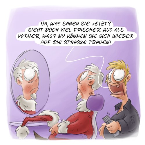 Cartoon: LACHHAFT Cartoon No. 424 (medium) by LACHHAFT tagged weihnachten,weihnachtsmann,santa,claus,frisur,friseur,haare,schneiden,relaunch,neuer,look,typveränderung,witze,comic,michael,mantel,weihnachten,weihnachtsmann,frisur,friseur,haare,relaunch,look,typveränderung,beauty,style,styling,modern