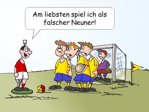 Cartoon: falscher Neuner (medium) by wista tagged fußball,mannschaft,spiel,position,stürmer,verteidiger,mittelfeld,spieler,tippkick,kick,tipp,ball,tor,neuner,falscher,zehner,doppelsechs,nummern,trikot,torhüter,keeper,spielfeld,rasen