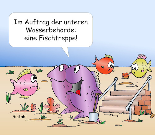 Cartoon: Fischtreppe (medium) by wista tagged fische,fisch,treppe,fischtreppe,artenvielfalt,umweltschutz,bach,fluss,bäche,flüsse,gewässer,seen,arten,natur,renaturieren,wehr,stau,staustufen,wasser,gewässerschutz,sauerstoff