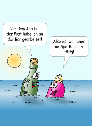 Cartoon: Flaschenpost (medium) by wista tagged post,flasche,flaschenpost,meer,müll,plastik,plastikmüll,ozean,see,spa,hotel,urlaub,arbeit,job,creme,lotion,schwimmen,bar,restaurant