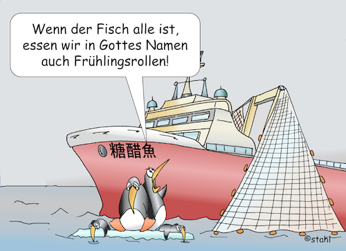 Cartoon: Hungernde Pinguine (medium) by wista tagged pinguine,hunger,verhungert,tod,fischerei,nahrung,ernährung,nahrungsmangel,hochseefischerei,china,antarktis,galapagos,fischgründe,überfischen,meer,umwelt,tiere,tierschutz,artenschutz,überbevölkerung,pinguine,hunger,verhungert,tod,fischerei,nahrung,ernährung,nahrungsmangel,hochseefischerei,china,antarktis,galapagos,fischgründe,überfischen,meer,umwelt,tiere,tierschutz,artenschutz,überbevölkerung