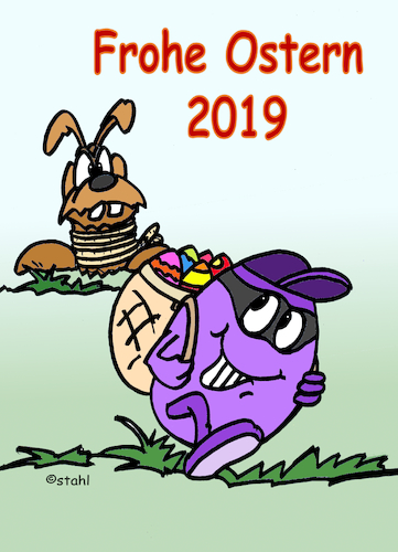 Cartoon: Ostern-2019 (medium) by wista tagged frohe,ostern,ostereier,eiedieb,hase,osterhase,diebe,huhn,hühner,farbe,färben,ei,eier,nest,geschenk,schenken,karte,osterkarte,glück,glückwunsch,happy,easter,suche,suchen,versteck,verstecken