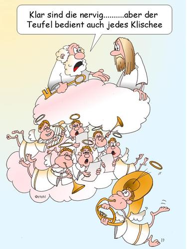 Cartoon: Werbetechnik (medium) by wista tagged himmel,hölle,engel,teufel,gott,petrus,jesus,chor,himmelschor,enegelschor,glaube,religion,werbung,werbespruch,klischee