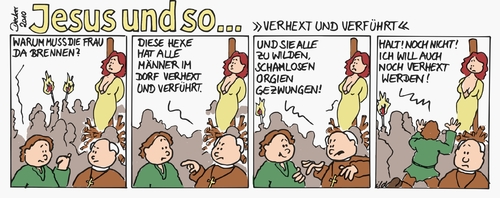 Cartoon: Verhext und verführt (medium) by achecht tagged hexe,scheiterhaufen,verhexen,verführen,verführung,scheinheiligkeit,jesus,gott,religion,inquisition,hexe,scheiterhaufen,verhexen,verführen,verführung,scheinheiligkeit,gott,religion,inquisition,sex,mittelalter,comic,strip