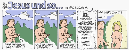 Cartoon: Was süßes (medium) by achecht tagged adam,eva,garten,eden,paradies,gott,religion,glaube,überraschung,überraschungsei,süß,lieblich,spielen,spielzeug,frau,mann,spannung,spannend,adam,garten,eva,garten eden,comic,strip,glaube,religion,überraschung,überraschungsei,spielen,mann,spannung,spannend,eden,jesus christus,jesus,christus,bibel