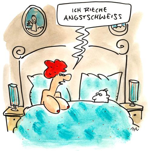 Cartoon: Angstschweiss (medium) by ari tagged angst,angstschweiss,mann,frau,schlafzimmer,busen,kommunikation,erotik