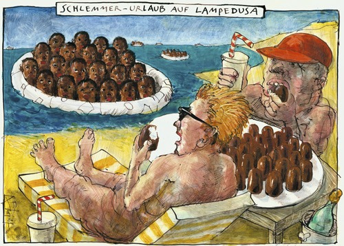 Cartoon: holidays on Lampedusa (medium) by Rainer Ehrt tagged third,world,refugees,africa,afrika,europa,tourist,tourism,flight,escape