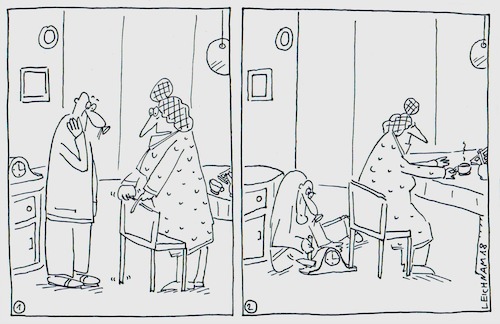 Cartoon: Am Nachmittag (medium) by Leichnam tagged nachmittag,kaffee,kuchen,kippelstuhl,uhr,notbehelf,hammer,leichnam,leichnamcartoon