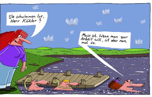 Cartoon: Am Steg (medium) by Leichnam tagged steg,wasser,schwimmer,arbeit,maloche,herr,köhler,leichnam,fluss,leichnamcartoon,nachgefragt,vorwärts