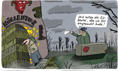 Cartoon: Am Tore (medium) by Leichnam tagged tor,eingang,höllentor,ehe,gatte,gattin,eisbeutel,schmerzlinderung,leichnamcartoon,besorgt,allein,teufel,abschied,winken,taschentuch