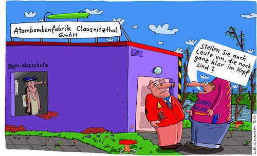 Cartoon: Anfrage (medium) by Leichnam tagged anfrage,atombombe,fabrik,boss,chef,arbeit,normal,klar,clausnitzthal,leichnam,leichnamcartoon