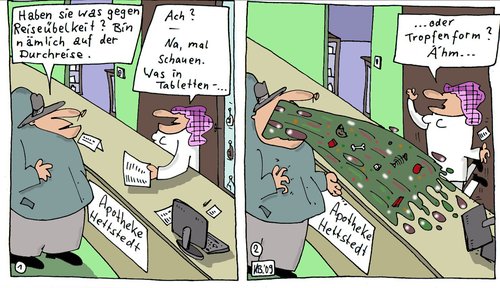 Cartoon: Apotheke (medium) by Leichnam tagged apotheke,erbrechen,tabletten,tropfen,übelkeit