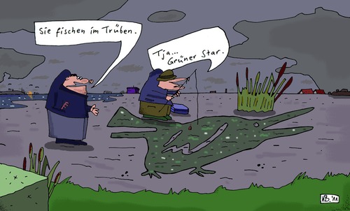 Cartoon: Beobachter mit Frage (medium) by Leichnam tagged beobachter,frage,fischen,angeln,leichnam,trüb,grün,star,landschaft