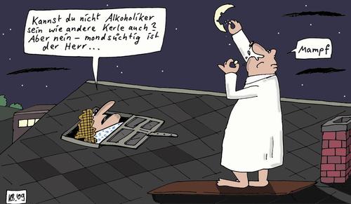Cartoon: Dach-Abenteuer (medium) by Leichnam tagged dach,abenteuer,mond,mondsüchtig,alkoholiker,ehefrau,besorgt
