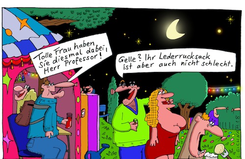 Cartoon: Daumen hoch! Beide!! (medium) by Leichnam tagged daumen,toll,frau,sexy,anerkennung,gelle,lederrucksack,professor,leichnam,leichnamcartoon,mond,nacht,sterne,feier,feierlichkeit