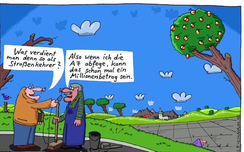 Cartoon: Der Nachfrager (medium) by Leichnam tagged nachgefragt,nachfrager,straßenkehrer,besen,fegen,kehren,a7,autobahn,arbeit,arbeiter,millionen,verdienst,geld,lohn,reich,leichnam,leichnamcartoon