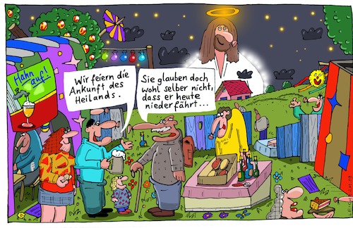 Cartoon: Ein Fest! (medium) by Leichnam tagged fest,niederfahrt,heiland,jesus,ankunft,nacht,lichterkette,skeptiker,leichnam,leichnamcartoon
