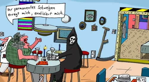 Cartoon: Erregung (medium) by Leichnam tagged erregung,tod,gastwirtschaft,schweigen,sense,erotik,dame,herr,schwarz