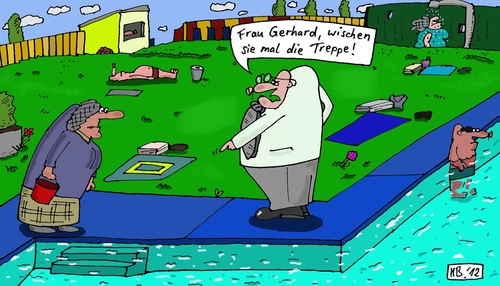 Cartoon: Frau Gerhard (medium) by Leichnam tagged frau,gerhard,freibad,sommer,sonne,urlaub,freizeit,liegewiese,treppe,wischen,wasser