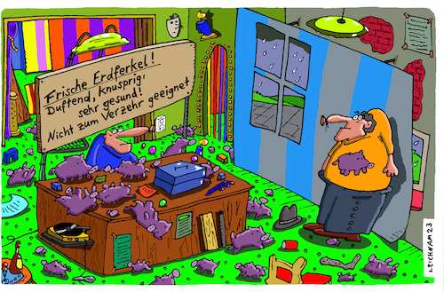Cartoon: Frisch (medium) by Leichnam tagged frisch,erdferkel,leichnam,leichnamcartoon,knusprig,duftend,verzehr,verkauf,verkaufsstand