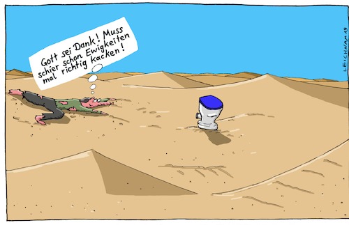 Cartoon: Gott sei Dank! (medium) by Leichnam tagged wüstenwitz,kriechen,kloschüssel,kacken,leichnam,leichnamcartoon