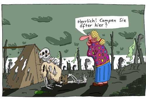 Cartoon: Herrlich! (medium) by Leichnam tagged herrlich,skelett,toter,einöde,düsternis,entzücken,tod,ebene,leichnam,leichnamcartoon,camping,campen